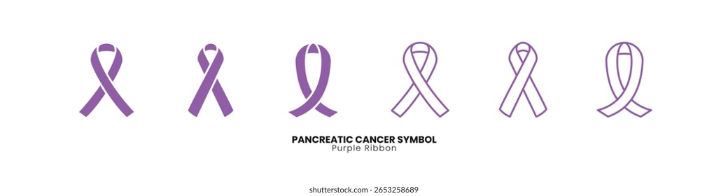 Diverse purple ribbon vectors, solid and outline, symbolizing pancreatic cancer. Great for medical support designs