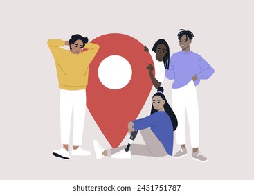 A Diverse Quartet Paired With a Giant Location Pin, Four friends pose playfully around a large map marker