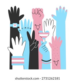 Diverse raised hands, featuring transgender symbols and flag colors. Concept of trans pride, diversity, unity, support and community.