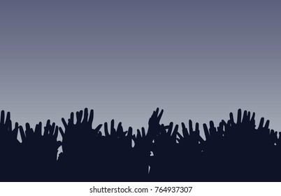 Diverse Raised Hands. Group of Diverse Hands Raised on night background. vector, illustration.