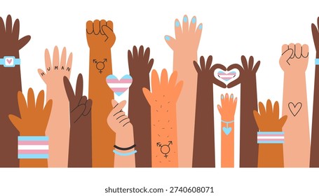 Diverse raised hands seamless banner with transgender symbols and flag colors. Concept of trans pride, diversity, unity, support and community.
