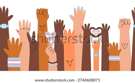 Diverse raised hands seamless banner with transgender symbols and flag colors. Concept of trans pride, diversity, unity, support and community.