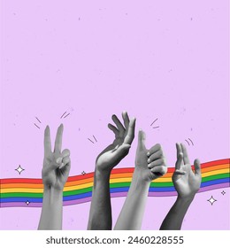Diverse range of hands come together with rainbow string rainbow against pink background. Contemporary art. Spirit for acceptance of LGBT community. Equality, pride month, support, love, human rights