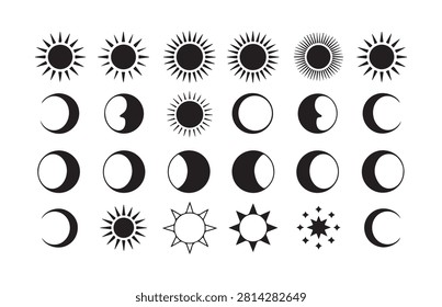 Diverse range of sun and moon icons representing phases and celestial phenomena. Graphic elements for astronomy and time.