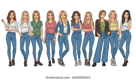 Diverse Range of Women in Various Tops and Jeans Standing in a Line