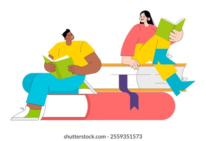 Diverse readers concept. Two people engaged in reading books while sitting on oversized colorful bookmarks. Literacy and education promotion. Vector illustration.