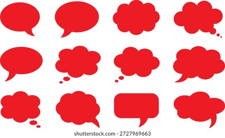 Diversas bolhas vermelhas de fala e balões de pensamento em várias formas e tamanhos, perfeitos para comunicação, conversa ou conceitos de diálogo.