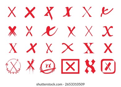 Coleção de marcas X vermelhas diversificadas para uso gráfico e de design.