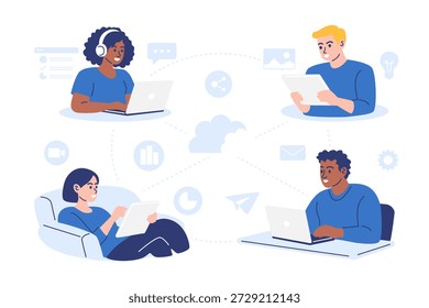Diverse remote team collaborating via cloud network 