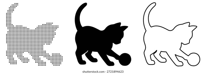 Diversas representações de um gatinho brincalhão com uma bola, com arte pixel, silhueta e contorno

