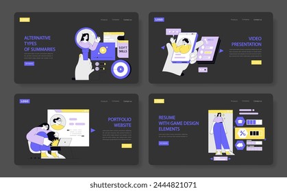 Diverse Resume Options set. Portraying alternative resume forms from soft skills showcase to interactive portfolio and game design elements. Career storytelling evolution. Vector illustration