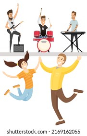 Diverse rock band performs on stage isolated on white. Group of musicians playing by musical instrument performing at concert. Play on electric guitar, piano, drum. Hobbies, profession popular group