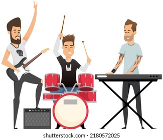 Diverse rock band performs on stage isolated on white. Group of musicians playing by musical instrument performing at concert. Play on electric guitar, piano, drum. Hobbies, profession popular group