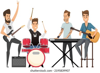 Diverse rock band performs on stage isolated on white. Group of musicians playing by musical instrument performing at concert. Play on electric guitar, piano, drum. Hobbies, profession popular group