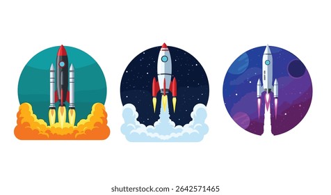 Diverse Rocket Launch Scenarios Depicting Different Spaceships And Celestial Destinations And Missions