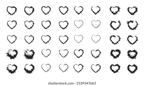 Diverse Rough-Edged Heart Designs in Black and White with Unique Textures and Outlines