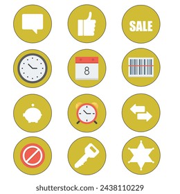 Diverse Round Labels and Tags in yellow with Various Symbols - star, arrows, watch, money, sale