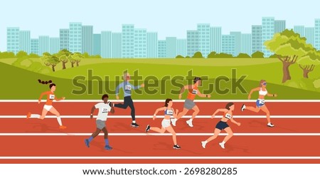 Diverse runners competing on track in urban park setting