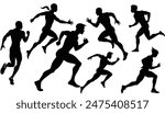Diverse Running Man Silhouettes Vector Set, Athletic Running Figures Vector Pack,  High-Energy Running Silhouette Vector Set