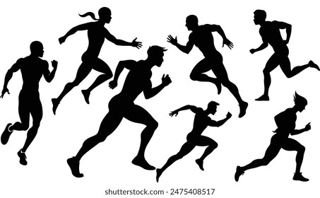 Diverse Running Man Silhouettes Vector Set, Athletic Running Figures Vector Pack,  High-Energy Running Silhouette Vector Set