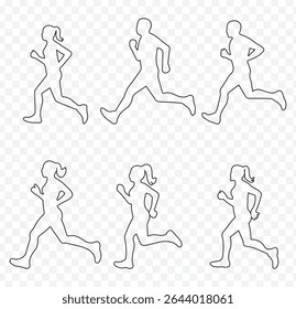 Diverse Running Man Silhouettes Vector Set, Athletic Running Figures Vector Pack, High-Energy Running Silhouette Vector Set in stroke on Transparent Background. EPS 10.