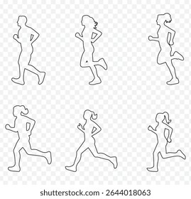 Diverse Running Man Silhouettes Vector Set, Athletic Running Figures Vector Pack, High-Energy Running Silhouette Vector Set in stroke on Transparent Background. EPS 10.
