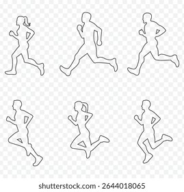 Diverse Running Man Silhouettes Vector Set, Athletic Running Figures Vector Pack, High-Energy Running Silhouette Vector Set in stroke on Transparent Background. EPS 10.