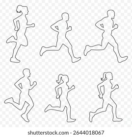 Diverse Running Man Silhouettes Vector Set, Athletic Running Figures Vector Pack, High-Energy Running Silhouette Vector Set in stroke on Transparent Background. EPS 10. - Powered by Shutterstock - Get 15% off with code: PIKWIZARD15