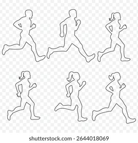 Diverse Running Man Silhouettes Vector Set, Athletic Running Figures Vector Pack, High-Energy Running Silhouette Vector Set in stroke on Transparent Background. EPS 10.