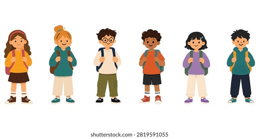 Diverse school children with backpacks standing together representing education friendship learning and classroom life isolated colorful vector illustration for academic projects school promotions and teaching.