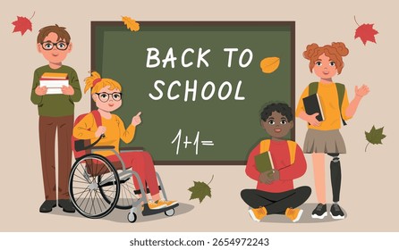 Diversas crianças na lousa. De volta ao conceito da escola. 