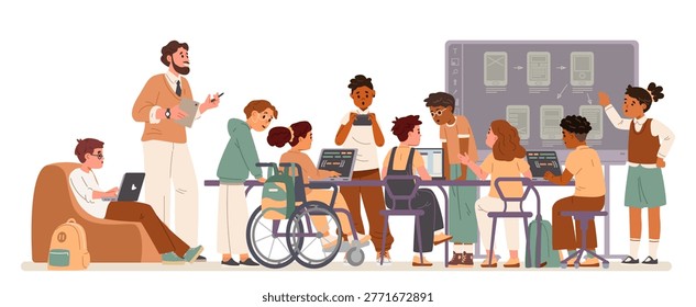 Diverse school children and a teacher working together on educational project at desk with laptops flat vector illustration.
