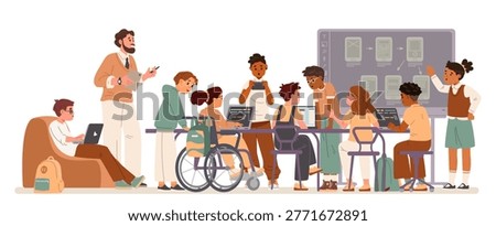 Diverse school children and a teacher working together on educational project at desk with laptops flat vector illustration.