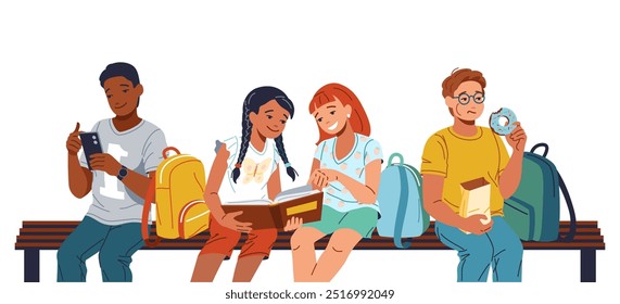 Diverse schoolchildren resting on bench flat illustration