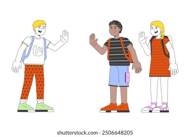 Diverse schoolkids greeting each other 2D cartoon characters. Schoolboys, schoolgirl. Happy schoolmates isolated flat vector people white background. Back to elementary school color spot illustration