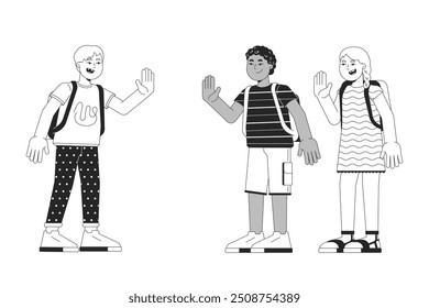 Diverse schoolkids greeting each other black and white 2D line cartoon characters. Schoolboys, schoolgirl. Happy schoolmates isolated vector outline people. Elementary monochromatic spot illustration