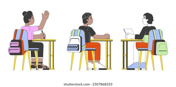 Diverse schoolkids sitting at desks 2D linear cartoon characters set. Tables pupils isolated line vector people white background. Schoolchildren school kids color flat spot illustrations collection