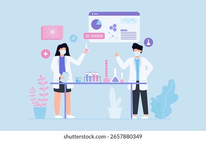 Diversos científicos realizan experimentos en un laboratorio de investigación moderno con plantas y visualización digital de datos