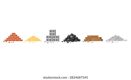Diverse selection of construction building materials including bricks, sand, concrete blocks, coal, lumber, and gravel piles.