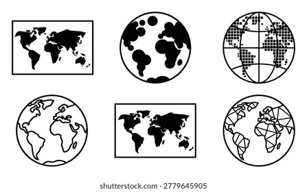 Diverse selection of earth globes and maps in various artistic styles. Abstract, pixelated, and geometric designs.