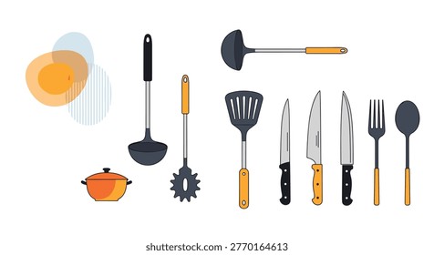 Diverse selection of kitchen utensils including ladles, spatulas, knives, a fork, and a pot arranged on a clean background.