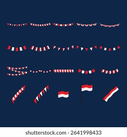 Diverse selection of red and white flags and banners.  The designs include various shapes and sizes, some are in a garland or bunting style.  The color scheme is simple and uses red and white.