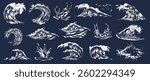 A diverse selection of wave illustrations showcases various styles and forms emphasizing the beauty and power of ocean waves. Each design captures unique movements and textures.
