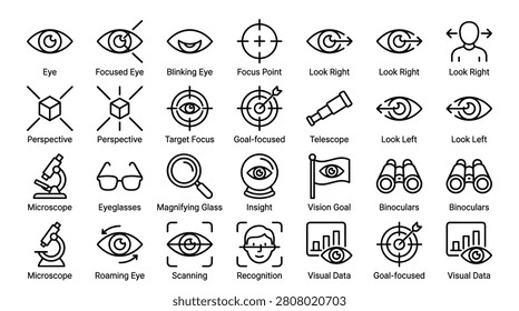 Diverse series of vector outline icons focusing on human vision scientific equipment like microscopes optical aids such as glasses and conceptual target symbols suitable for data analysis eye care industry and strategic planning presentations or technical interface design.