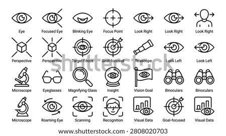 Diverse series of vector outline icons focusing on human vision scientific equipment like microscopes optical aids such as glasses and conceptual target symbols suitable for data analysis eye care industry and strategic planning presentations or technical interface design.