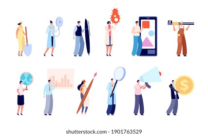 Diverse service characters. Business people, education media science workers. Tiny persons hold giant megaphone brush coin utter vector set