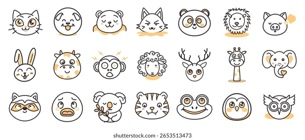 Um conjunto diversificado de 21 ícones de contorno ideal para produtos infantis e aplicativos com tema de animais de estimação, mostrando rostos animais fofos e expressivos como gatos, cães, ursos, coelhos e muito mais no estilo emoticon
