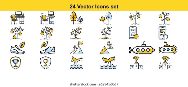 A diverse set of 24 high-quality vector icons representing various concepts including business, nature, sports, and success. Ideal for presentations, websites, and applications.