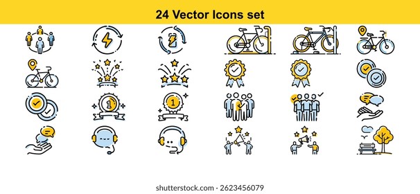 A diverse set of 24 high-quality vector icons illustrating various concepts, including teamwork, cycling, awards, recycling, and communication, ideal for websites, apps, and presentations.