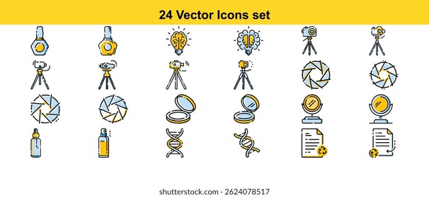 A diverse set of 24 high-quality vector icons covering photography equipment, beauty products, and science concepts, ideal for various design projects.